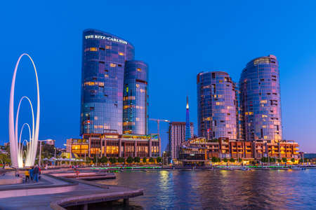PERTH, AUSTRALIA, JANUARY 19, 2020: Night view of Hotel and office buildings at Elizabeth quay in Perth, Australiaのeditorial素材