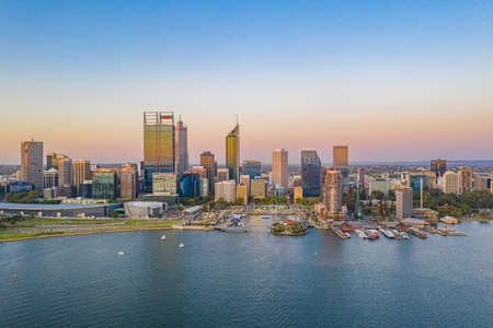 PERTH, AUSTRALIA, JANUARY 17, 2020: Sunset view of skyline of Elizabeth quay in Perth, Australiaのeditorial素材