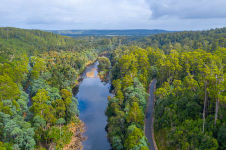 Aerial view of Arthur river at Tarkine forest in Tasmania, Australia