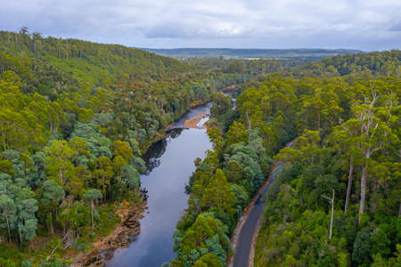 Aerial view of Arthur river at Tarkine forest in Tasmania, Australiaの写真素材