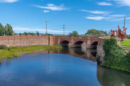 Red bridge in Campbell town in Tasmania, Australiaの写真素材
