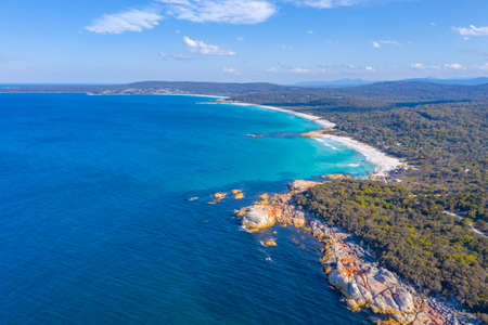 Aerial view of coastline of Bay of Fires in Tasmania, Australiaの写真素材