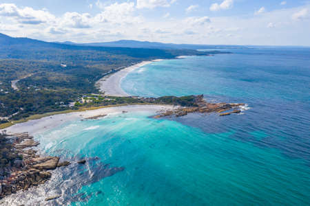 Aerial view of coastline of Bay of Fires in Tasmania, Australiaの写真素材