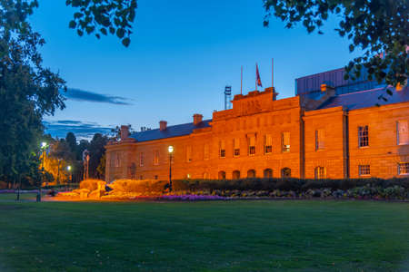 Sunset view of Illuminated parliament house of Tasmania in Hobart, Australiaの写真素材
