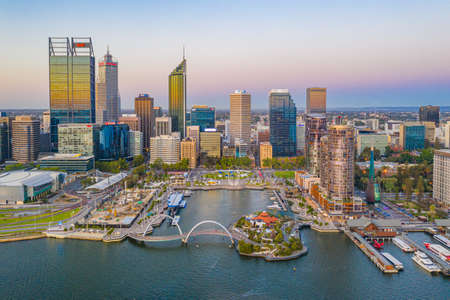 PERTH, AUSTRALIA, JANUARY 17, 2020: Sunset view of skyline of Elizabeth quay in Perth, Australiaのeditorial素材