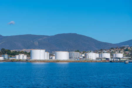 Oil tanks on shore of Derwent river near Hobart, Australiaのeditorial素材