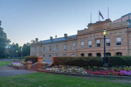 Sunset view of Illuminated parliament house of Tasmania in Hobart, Australiaのeditorial素材