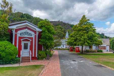 NELSON, NEW ZEALAND, FEBRUARY 5, 2020: Historial buildings at Founders Heritage Park at Nelson, New Zealandのeditorial素材