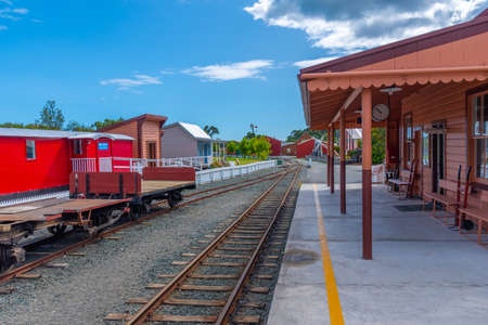 NELSON, NEW ZEALAND, FEBRUARY 5, 2020: Historial train station at Founders Heritage Park at Nelson, New Zealandのeditorial素材