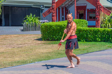 ROTORUA, NEW ZEALAND, FEBRUARY 11, 2020: Haka war dance performed at Te puia village near Rotorua, New Zealandのeditorial素材