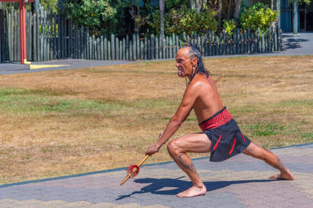ROTORUA, NEW ZEALAND, FEBRUARY 11, 2020: Haka war dance performed at Te puia village near Rotorua, New Zealandのeditorial素材