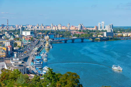 Aerial view of Dnieper riverside in Kyiv, Ukraineの写真素材