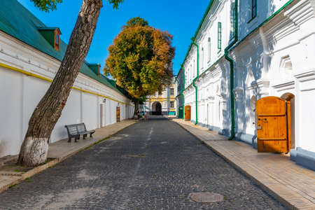 White buildings inside of the upper complex of Kiev Pechersk lavra in Kiev, Ukraine