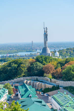 Motherland monument viewed behind Kiev Pechersk lavra in Kiev, Ukraineの写真素材