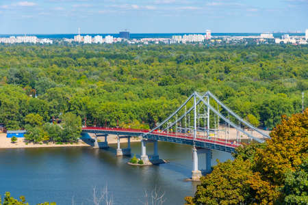 Pedestrian bridge over Dnieper river in Kiev, the Ukraineの写真素材