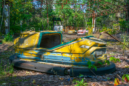Old bumper cars at Pripyat amusement park in the Ukraineの写真素材