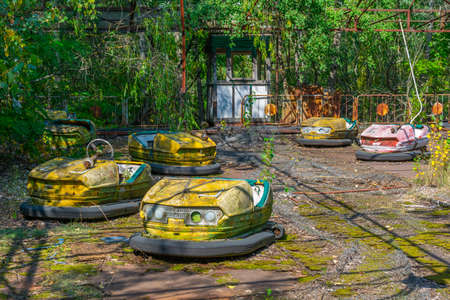 Old bumper cars at Pripyat amusement park in the Ukraineの写真素材