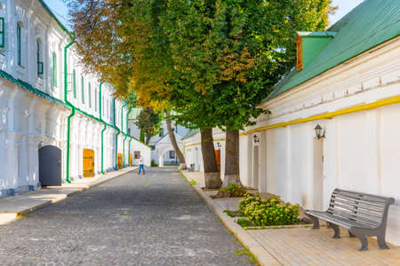 White buildings inside of the upper complex of Kiev Pechersk lavra in Kiev, Ukraineの写真素材