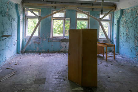 Ravaged control room of radar Duga station at Chernobyl, Ukraineの写真素材