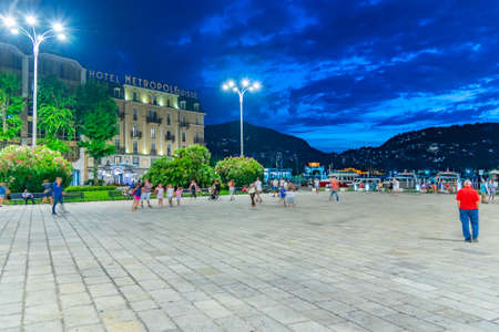 COMO, ITALY, JULY 17, 2019: Night view of Piaza Cavour at Como, Italyの写真素材