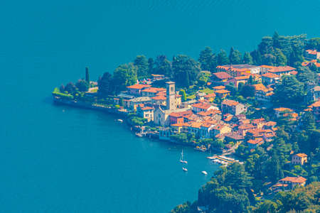 Aerial view of Torno village and lake Como in Italyの写真素材
