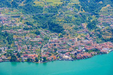 Aerial view of Sulzano from Monte Isola in Italyの写真素材