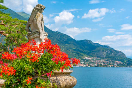 Tremezzo viewed behind flowers, Italy