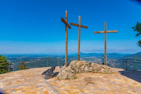 Three crosses viewpoint over lake Como in Italyの写真素材