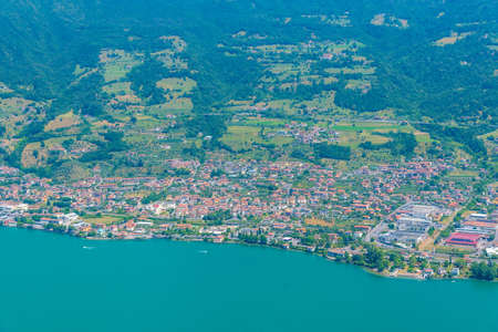 Aerial view of Sale Marasino from Monte Isola in Italyの写真素材