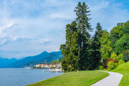Bellagio viewed from Botanical garden at Villa Melzi at Bellagio, Italyの写真素材
