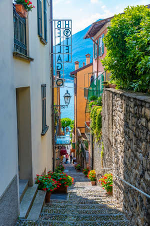 Narrow street in Bellagio town at lake Como in Italyの写真素材