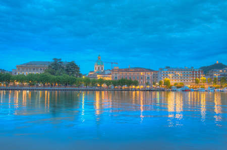 Night cityscape of Italian town Comoの写真素材