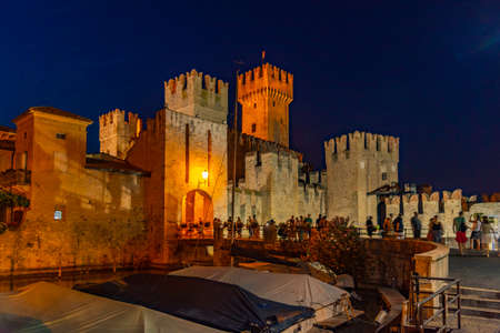 Night view of the Sirmione castle at Lago di Garda in Italyのeditorial素材