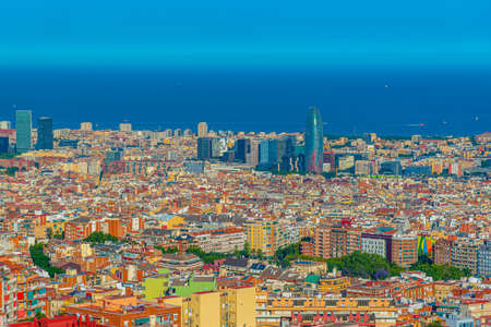 Aerial view of downtown Barcelona dominated by Torre Agbar, Spainの写真素材