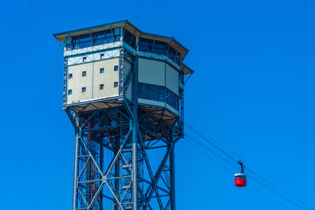 Cable car connecting Barceloneta beach and Montjuic castle in Barcelona, Spainの写真素材