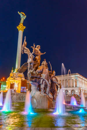 Founders of Kyiv Monument with Independence monument during night, Kiev, Ukraineのeditorial素材