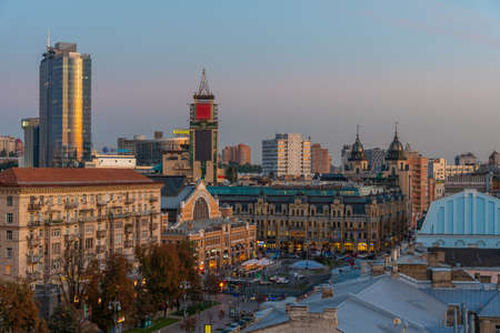 KYIV, UKRAINE, AUGUST 29, 2019: Aerial view of khreschatyk boulevard leading to Bessarabska marketplace in Kyiv, Ukraineのeditorial素材