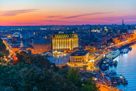 KYIV, UKRAINE, AUGUST 28, 2019: Night aerial view of Dnieper riverside in Kyiv, Ukraineのeditorial素材