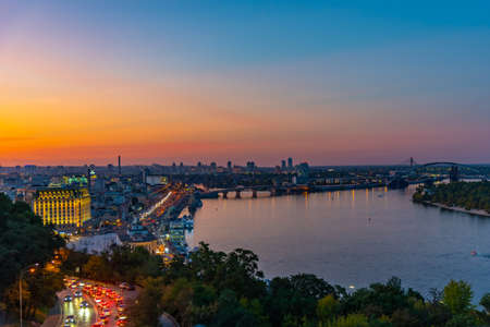 KYIV, UKRAINE, AUGUST 28, 2019: Night aerial view of Dnieper riverside in Kyiv, Ukraineのeditorial素材