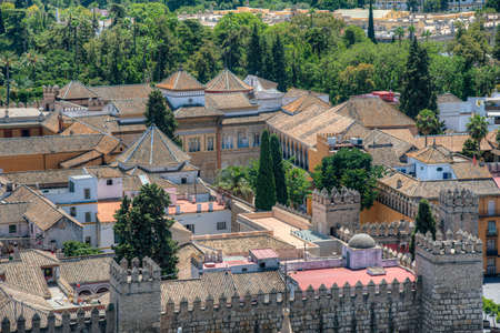 Aerial view of Real Alcazar de Sevilla from la giralda tower, Spain