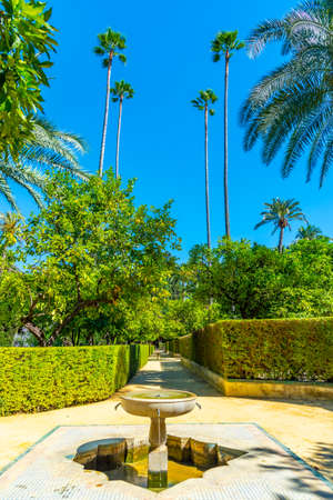 Fountain at gardens of Real Alcazar de Sevilla in Spainの写真素材