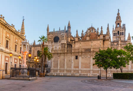 Sunrise view of the cathedral in Sevilla, Spainの写真素材