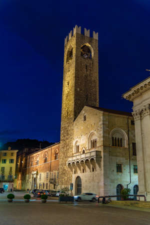 Night view of Palazzo del Broletto in Italian city Bresciaのeditorial素材