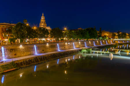 Night view of riverside of river Segura in Murcia, Spainの写真素材