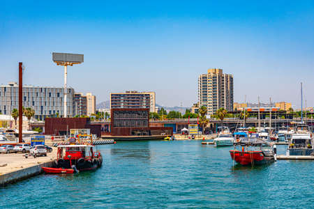 BARCELONA, SPAIN, JUNE 30, 2019: Boats mooring at Port Forum in Barcelona, Spainの写真素材