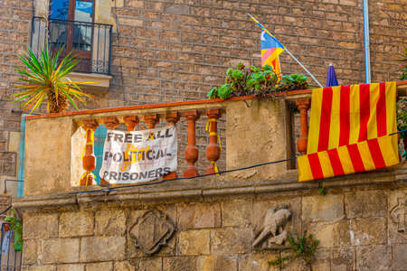 BARCELONA, SPAIN, JUNE 29, 2019: Banner demanding release of political prisoners in Barcelona, Spain
