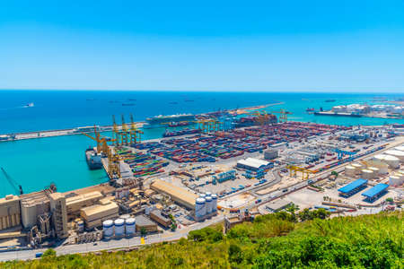 BARCELONA, SPAIN, JUNE 28, 2019: Aerial view of port of Barcelona, Spainのeditorial素材