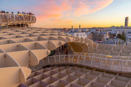 SEVILLA, SPAIN, JUNE 24, 2019: Sunset view of illuminated Setas de Sevilla in Spain