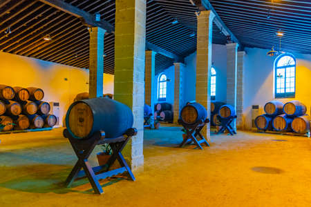JEREZ DE LA FRONTERA, SPAIN, JUNE 26, 2019: Wine barrels inside of Bodega of Tio Pepe at Jerez de la...
