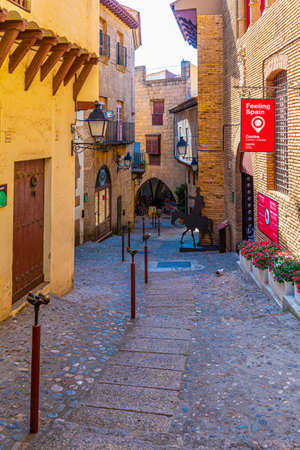 BARCELONA, SPAIN, JUNE 28, 2019: View of a narrow street at Poble Espanyol park representing different architecture and traditions from regions across the country, Spainのeditorial素材